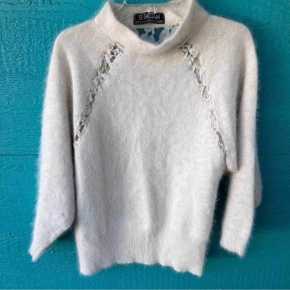 FUZZY ANGORA AND LACE VINTAGE IVORY CREAM SWEATER SIZE LARGE - Picture 7 of 10